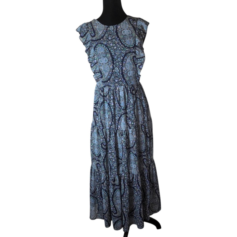 J.Crew Womens 6 Blue Paisley Midi Dress Ruffle Tiered Boho Cottagecore